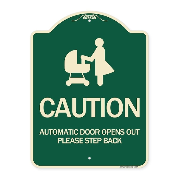 Caution Automatic Door Opens Out Please Step Back Heavy-Gauge Aluminum Sign, 24" x 18", G-1824-24287